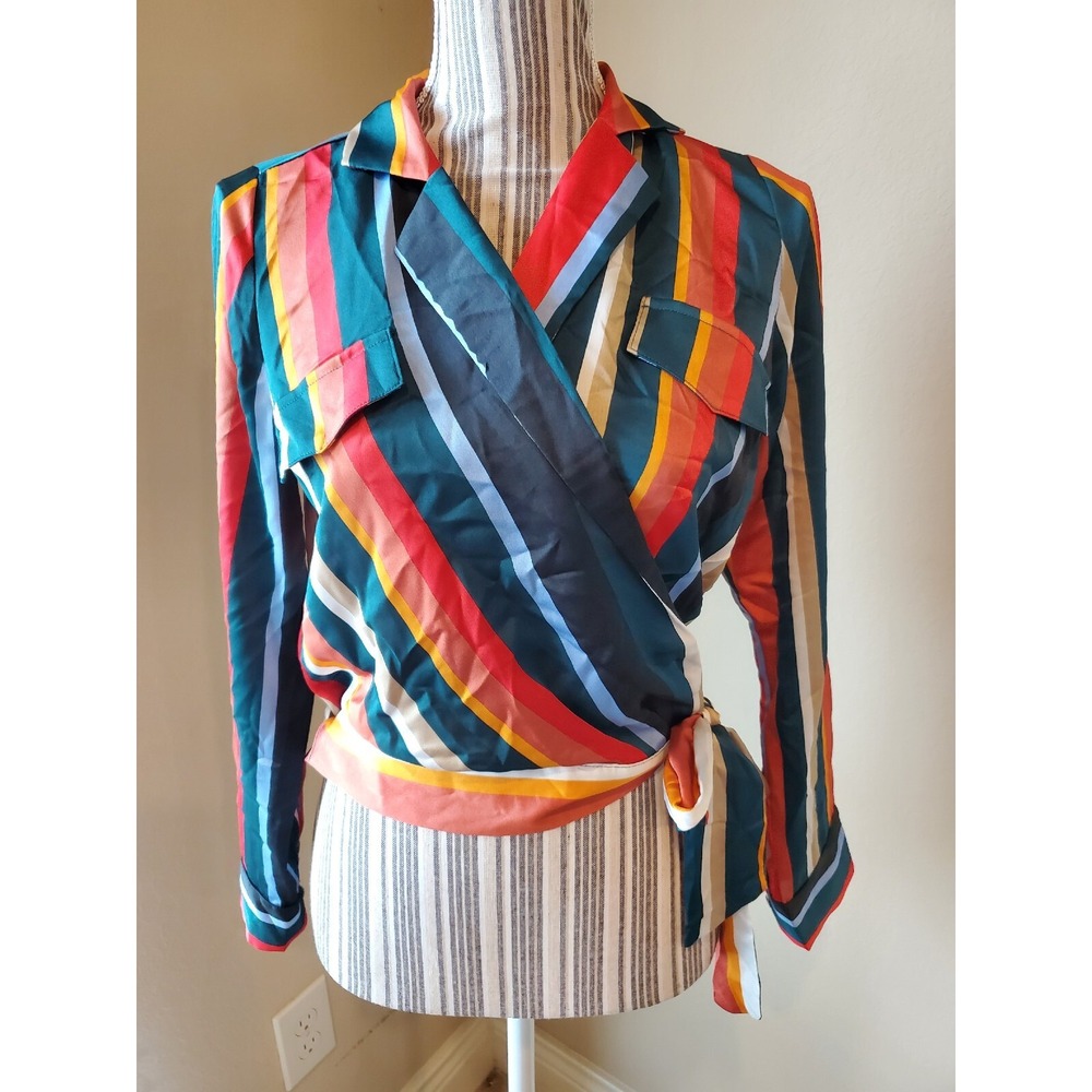 Lucy Paris Colorful Striped‎ Satin Wrap Tie Top/ Blouse, Longsleeve Cropped, XS